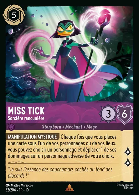 Miss Tick - Sorcière rancunière, carte Disney Lorcana CH10-052 — extension Lueurs dans les Profondeurs