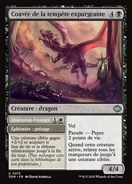 Couvée de la tempête expurgeante // Absorption d'essence, carte Magic TDM 213 — extension Tarkir: Dragonstorm