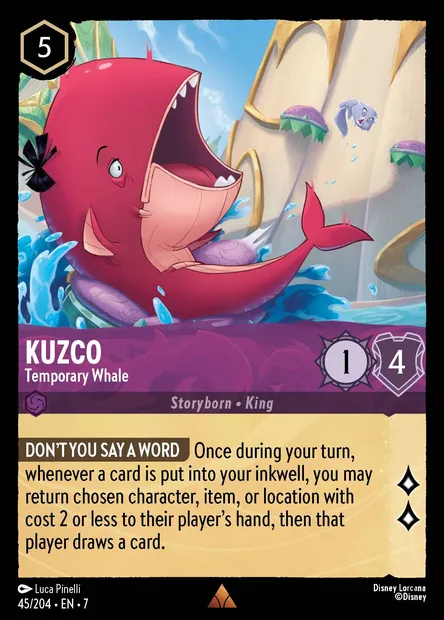 Kuzco - Temporary Whale, Disney Lorcana card CH7-045 — Archazia's Island set