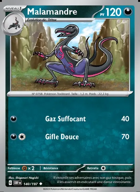 Malamandre, carte Pokémon OBF 140 — extension Flammes Obsidiennes