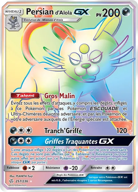 Persian d’Alola GX, carte Pokémon CEC 257 — extension Éclipse Cosmique