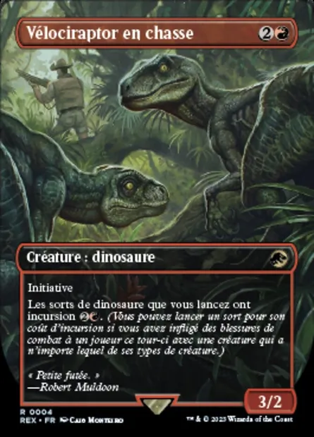 Vélociraptor en chasse, carte Magic REX 4 — extension Jurassic World Collection