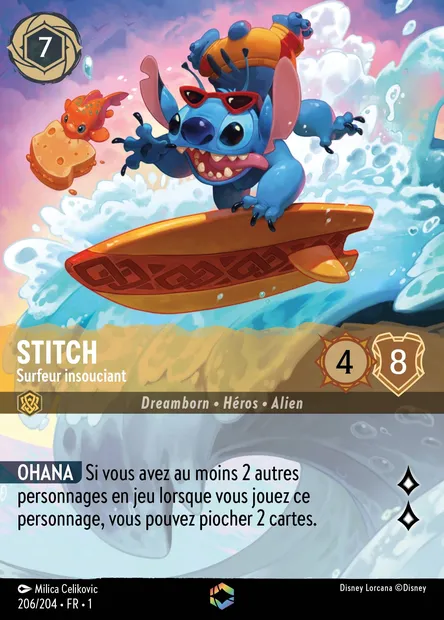 Stitch - Surfer insouciant, carte Disney Lorcana CH1-206 — extension Premier Chapitre