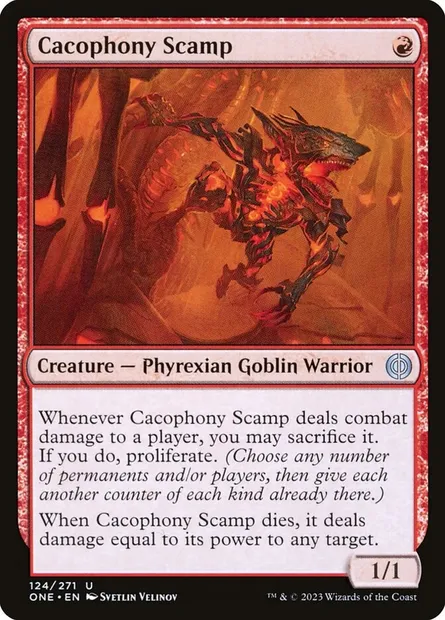 Cacophony Scamp, Magic card ONE 124 — Phyrexia: All Will Be One set