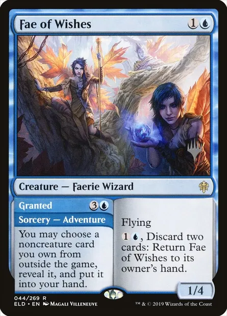 Fae des souhaits // Exaucé, carte Magic PELD 44p — extension Throne of Eldraine Promos
