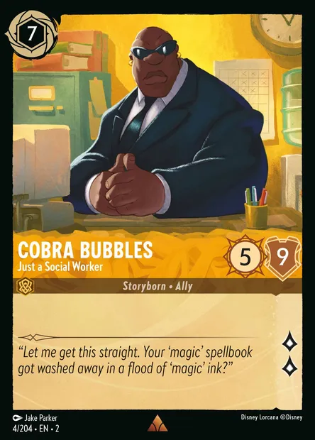 Cobra Bubbles - Just a Social Worker, Disney Lorcana card CH2-004 — Rise of the Floodborn set