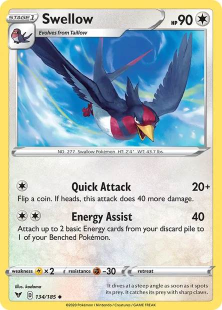 Swellow, Pokémon card VIV 134 — Vivid Voltage set
