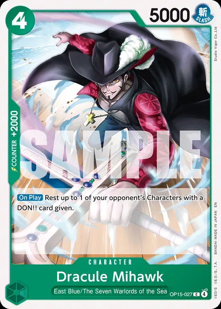 Dracule Mihawk, One Piece card OP15-027 — ADVENTURE ON KAMI’S ISLAND set