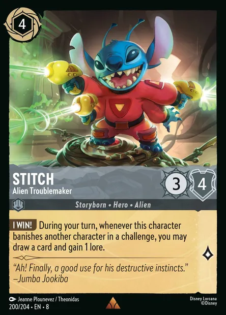Stitch - Alien Troublemaker, Disney Lorcana card CH8-200 — The Reign of Jafar set