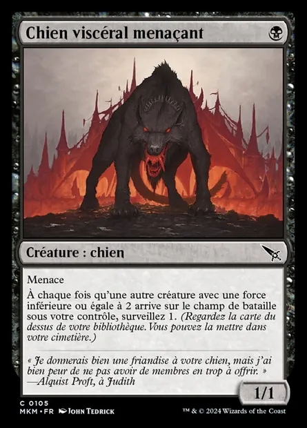 Chien viscéral menaçant, carte Magic MKM 105 — extension Murders at Karlov Manor