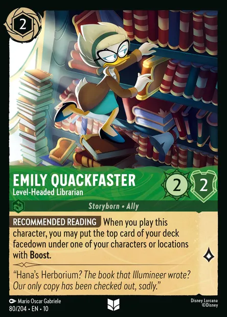 Emily Quackfaster - Level-Headed Librarian, Disney Lorcana card CH10-080 — Whispers in the Well set