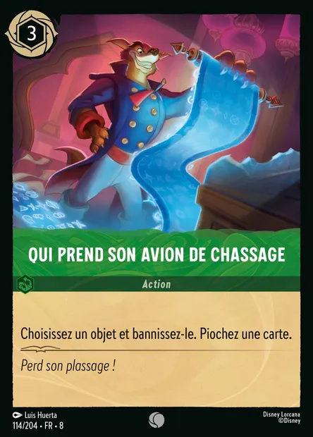 Qui prend son avion de chassage, carte Disney Lorcana CH8-114 — extension Le Règne de Jafar