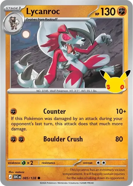 Lycanroc, Pokémon card 30C 085 — 30th Celebration set