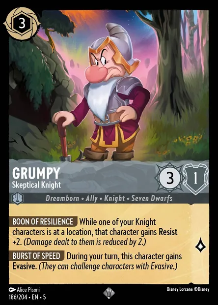 Grumpy - Skeptical Knight, Disney Lorcana card CH5-186 — Shimmering Skies set