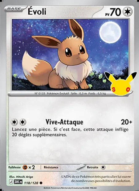 Évoli, carte Pokémon 30C 118 — extension 30ᵉ Anniversaire