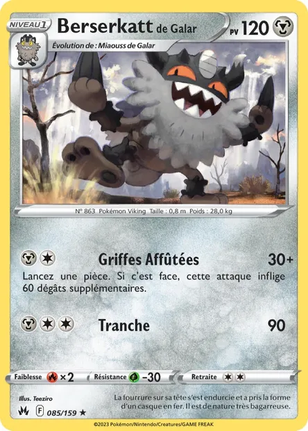 Berserkatt de Galar, carte Pokémon CRZ 085 — extension Zénith Suprême