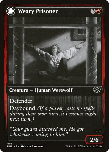 Prisonnière épuisée // Évadée furieuse, carte Magic DBL 451 — extension Innistrad : Double Programme