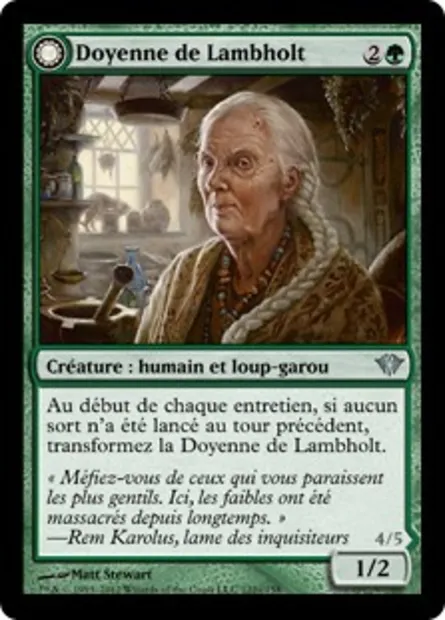 Doyenne de Lambholt // Loup-garou à fourrure d'argent, carte Magic DKA 122 — extension Obscure Ascension
