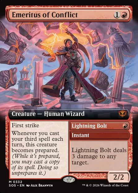 Emeritus of Conflict // Lightning Bolt, Magic card SOS 332 — Secrets of Strixhaven set