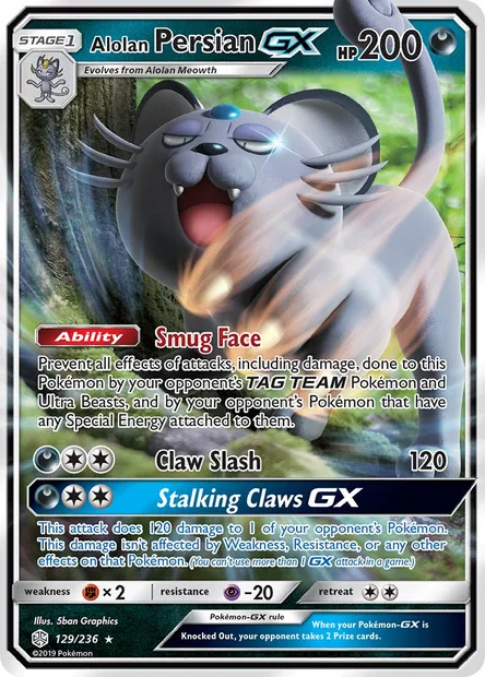 Alolan Persian GX, Pokémon card CEC 129 — Cosmic Eclipse set