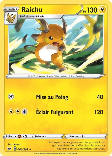Raichu, carte Pokémon SSH 66 — extension Épée et Bouclier