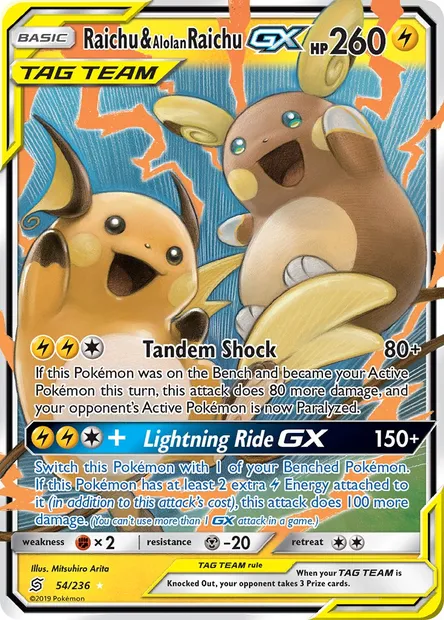 Raichu & Alolan Raichu GX, Pokémon card UNM 54 — Unified Minds set