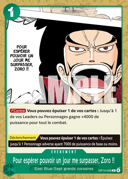 Pour espérer pouvoir un jour me surpasser, Zoro !!, carte One Piece OP14-036 — extension LES SEPT DE LA MER D'AZUR