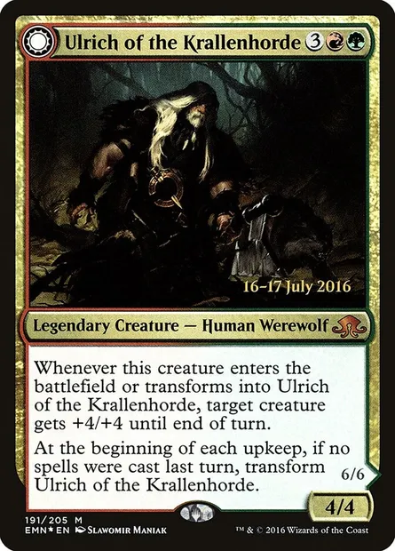 Ulrich of the Krallenhorde // Ulrich, Uncontested Alpha, Magic card PEMN 191s — Eldritch Moon Promos set