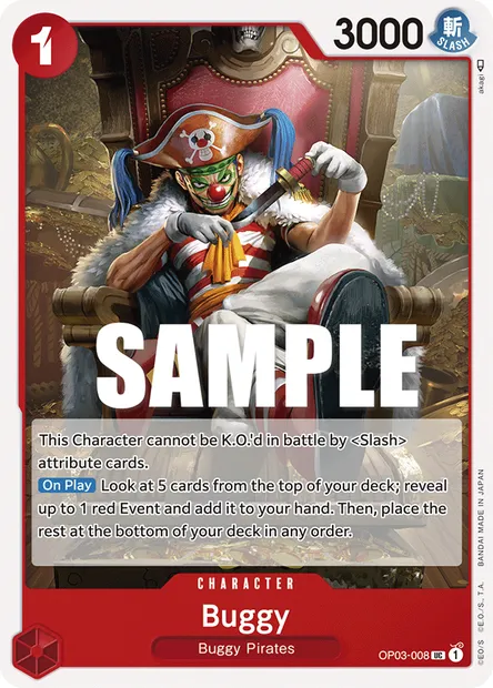 Buggy, One Piece card OP03-008 — PILLARS OF STRENGTH set