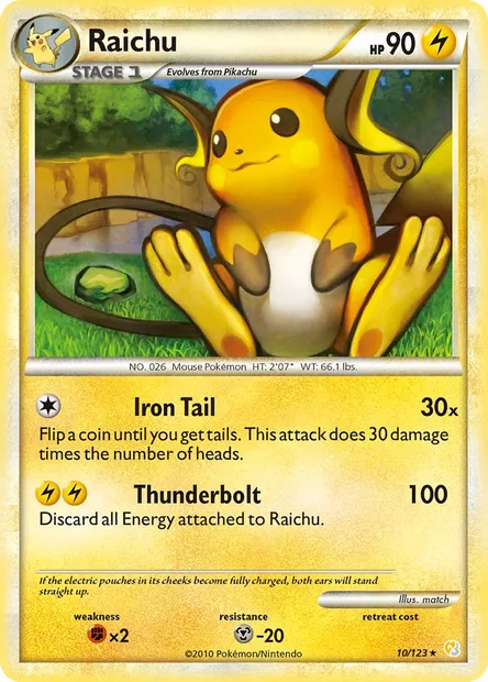 Raichu, Pokémon card HS 10 — HeartGold SoulSilver set