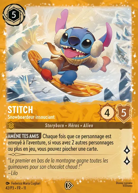 Stitch - Snowboardeur insouciant, carte Disney Lorcana P3-042 — extension P3