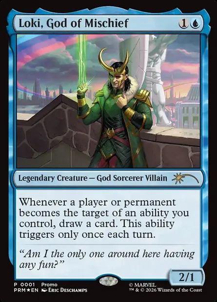 Loki, dieu de la Tromperie, carte Magic PMEI 2026-14 — extension Media and Collaboration Promos