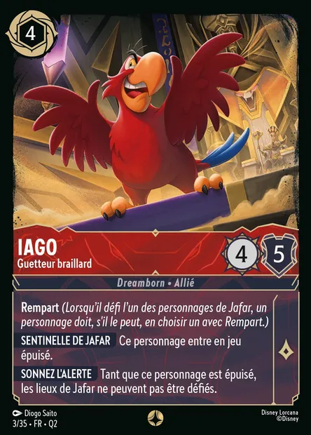Iago - Guetteur braillard, carte Disney Lorcana Q2-003 — extension Quête des Illumineurs: Vol au palais