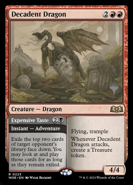 Decadent Dragon // Expensive Taste, Magic card PWOE 223p — Wilds of Eldraine Promos set