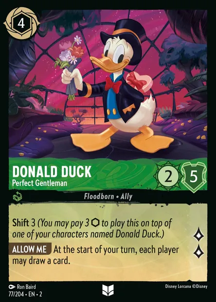 Donald Duck - Perfect Gentleman, Disney Lorcana card CH2-077 — Rise of the Floodborn set