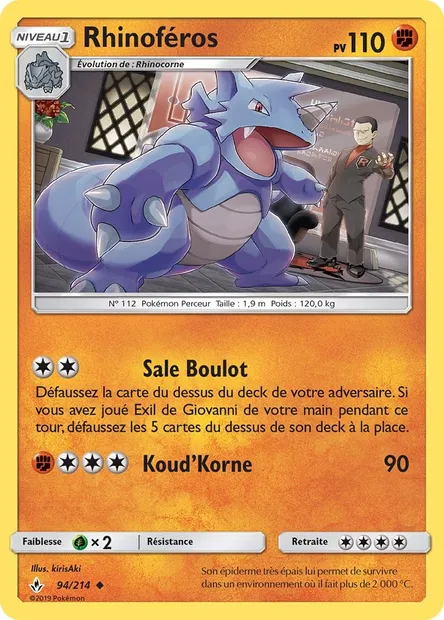 Rhinoféros, carte Pokémon UNB 94 — extension Alliance Infaillible