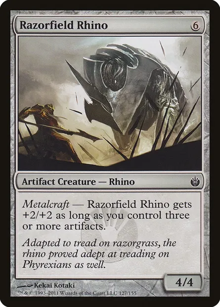 Razorfield Rhino, Magic card MBS 127 — Mirrodin Besieged set