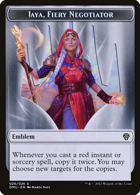 Jaya, Fiery Negotiator Emblem, Magic card TDMU 26 — Dominaria United Tokens set