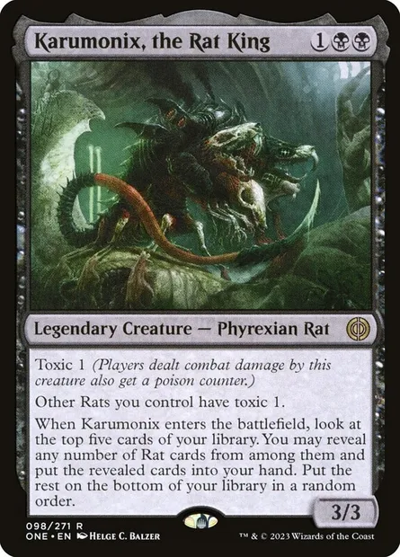 Karumonix, the Rat King, Magic card ONE 98 — Phyrexia: All Will Be One set