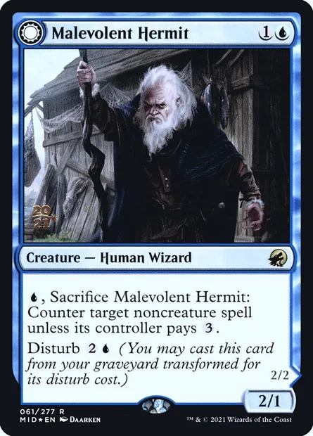 Malevolent Hermit // Benevolent Geist, Magic card PMID 61s — Innistrad: Midnight Hunt Promos set
