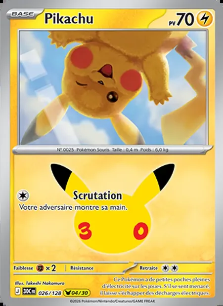 Pikachu, carte Pokémon 30C 026 — extension 30ᵉ Anniversaire