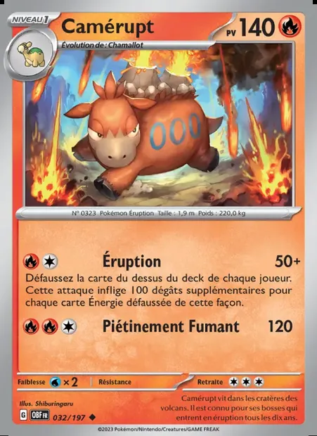 Camérupt, carte Pokémon OBF 032 — extension Flammes Obsidiennes