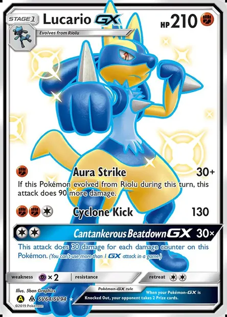Lucario-GX, carte Pokémon SMA SV64 — extension Destinées Occultes Coffre Étincelant