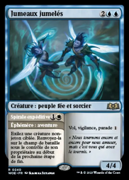Jumeaux jumelés // Spirale expéditive, carte Magic WOE 240 — extension Wilds of Eldraine