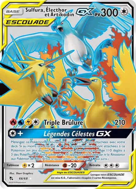 Sulfura, Électhor et Artikodin-GX, carte Pokémon HIF 66 — extension Destinées Occultes