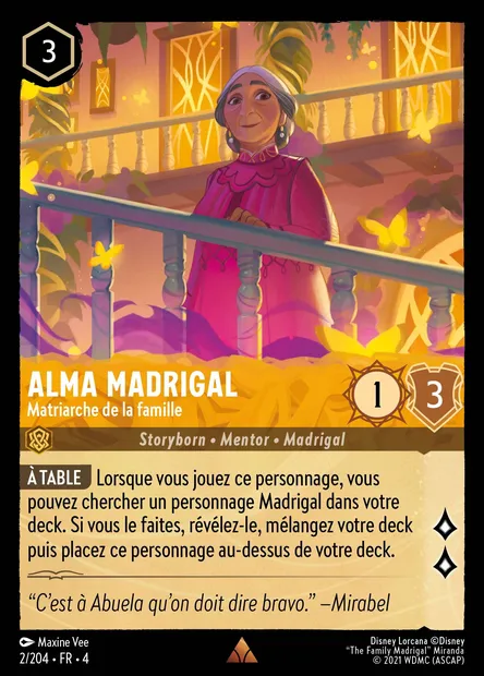 Alma Madrigal - Matriarche de la famille, carte Disney Lorcana CH4-002 — extension Le Retour d'Ursula