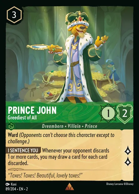 Prince John - Greediest of All, Disney Lorcana card CH2-089 — Rise of the Floodborn set