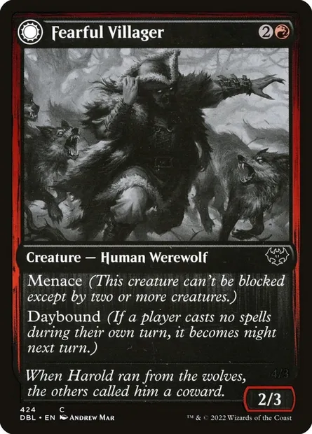 Villageois terrifié // Loup-garou terrifiant, carte Magic DBL 424 — extension Innistrad : Double Programme