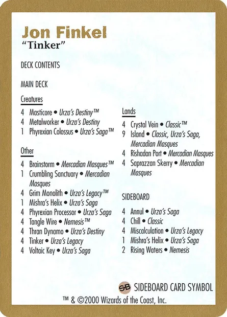 Jon Finkel Decklist, carte Magic WC00 jf0b — extension World Championship Decks 2000