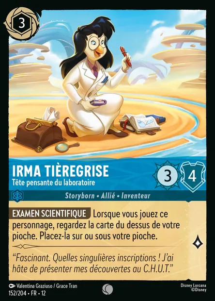 Irma Tièregrise - Tête pensante du laboratoire, carte Disney Lorcana CH12-152 — extension Contrées Inconnues